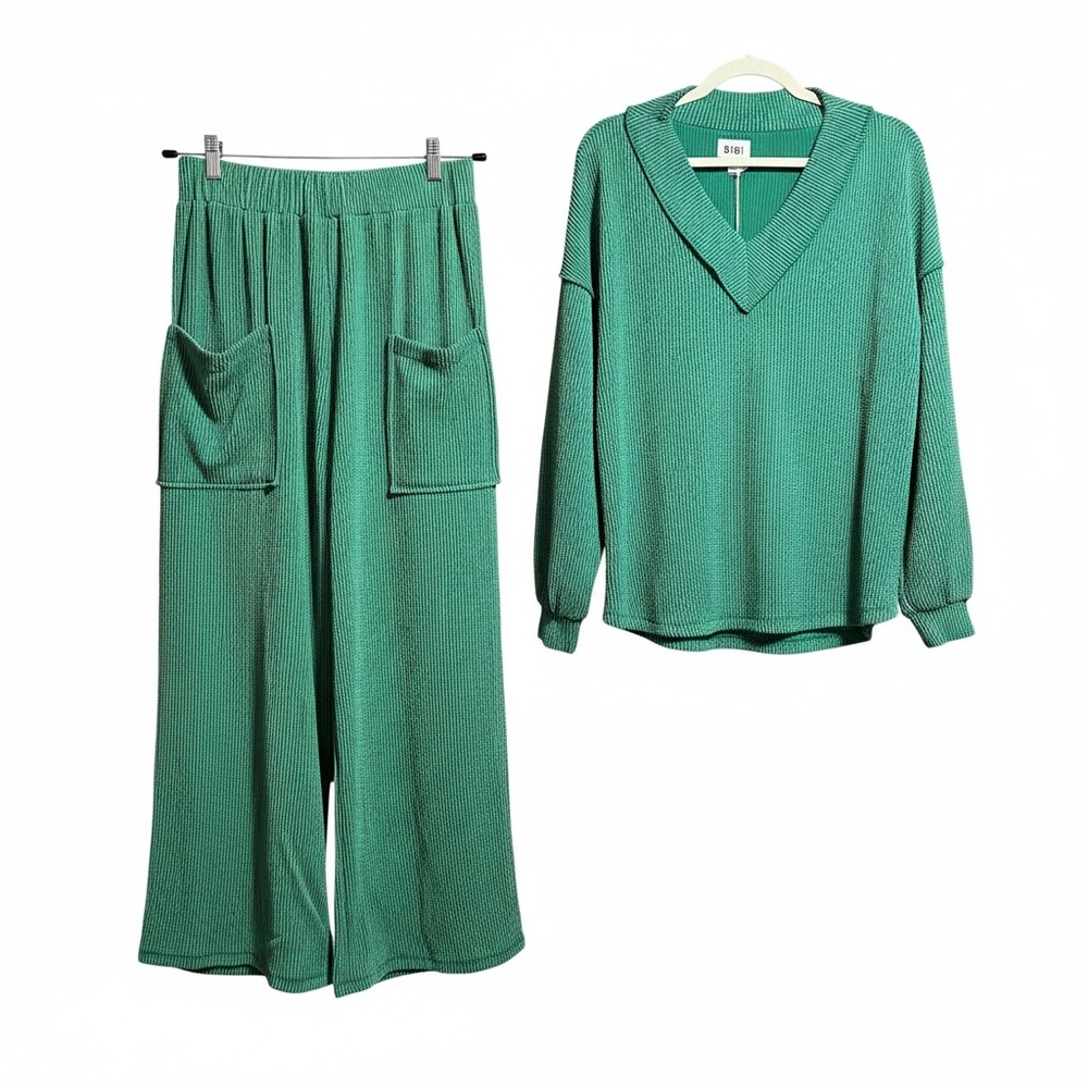532. Corded ribbed long sleeve wide leg pant set in jade green - Picture 2 of 2